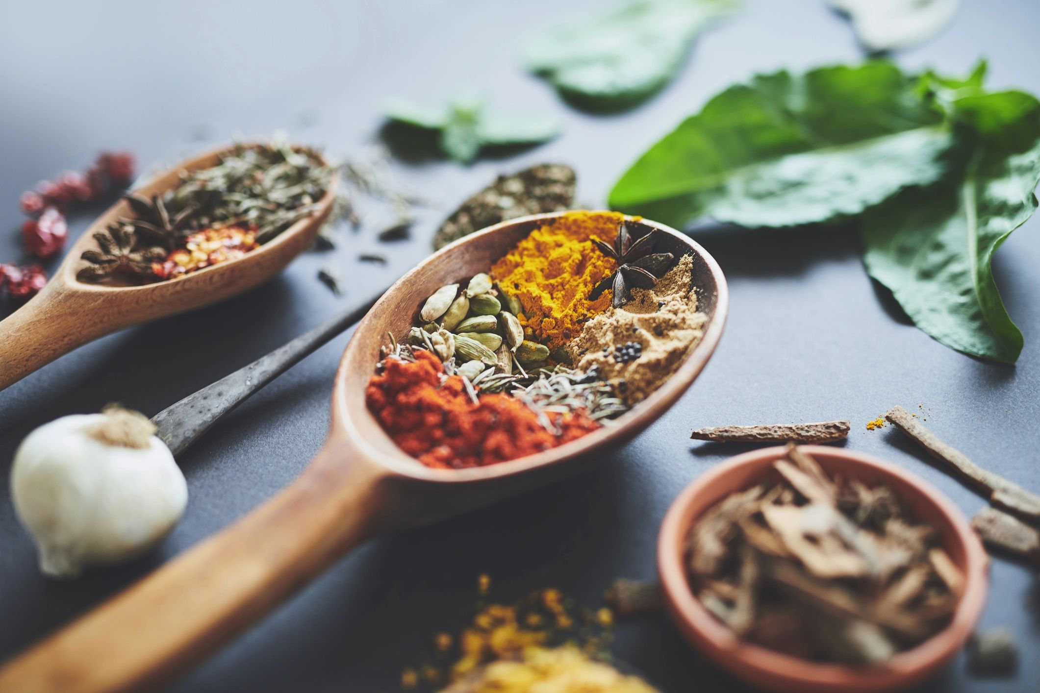 Assortment of spices arranged for cooking